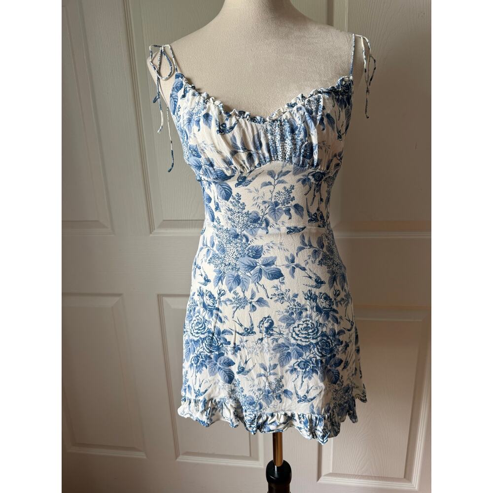 Reformation Blue White Toile Floral Mini Dress Size 4 100% Viscose Milkmaid